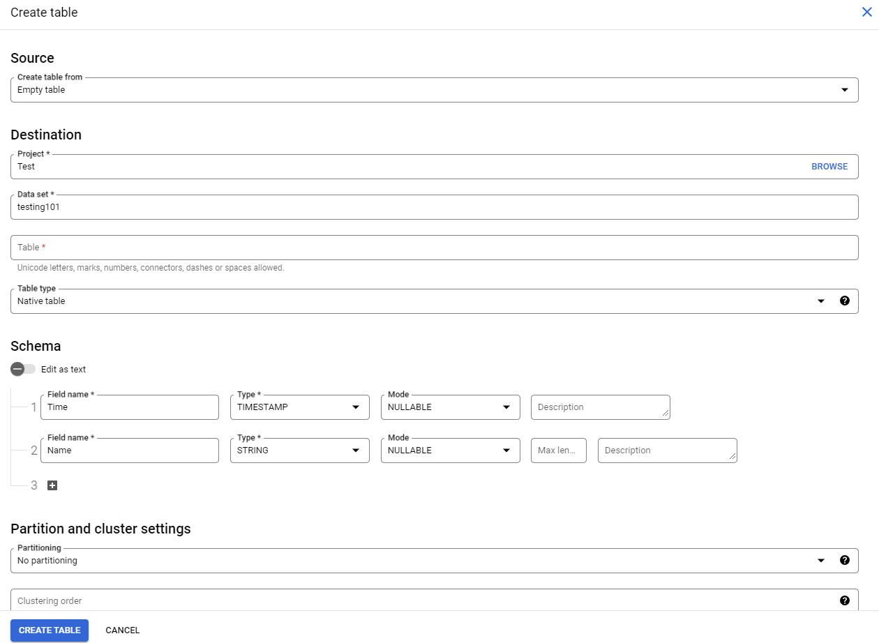 Configuring a table in BigQuery which will be the Data Warehouse