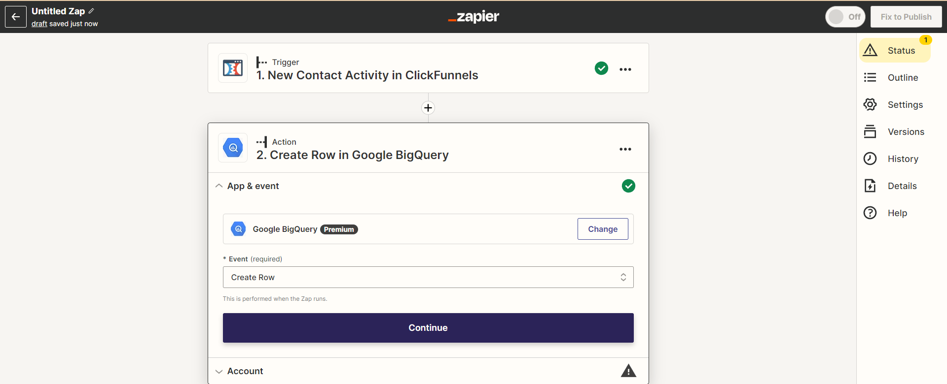 Configuring the action step in Zappier that will send data to data warehouse