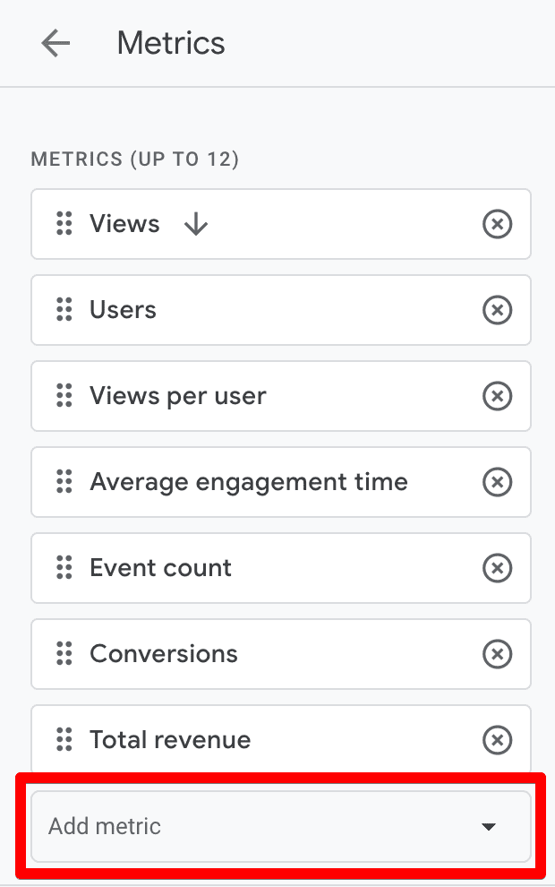 Click Add metric and search for “Sessions”